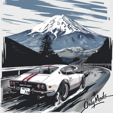 Baby t-shirt, ukiyo-e style, Japanese sports car, Mt. Fuji in background