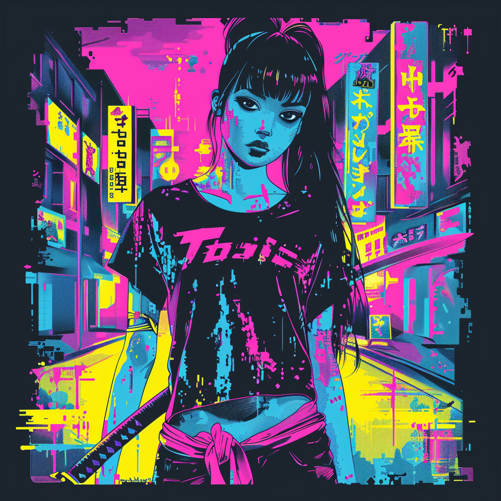 Anime-inspired T-shirt, cosplayer with Katana on neon Tokyo streets