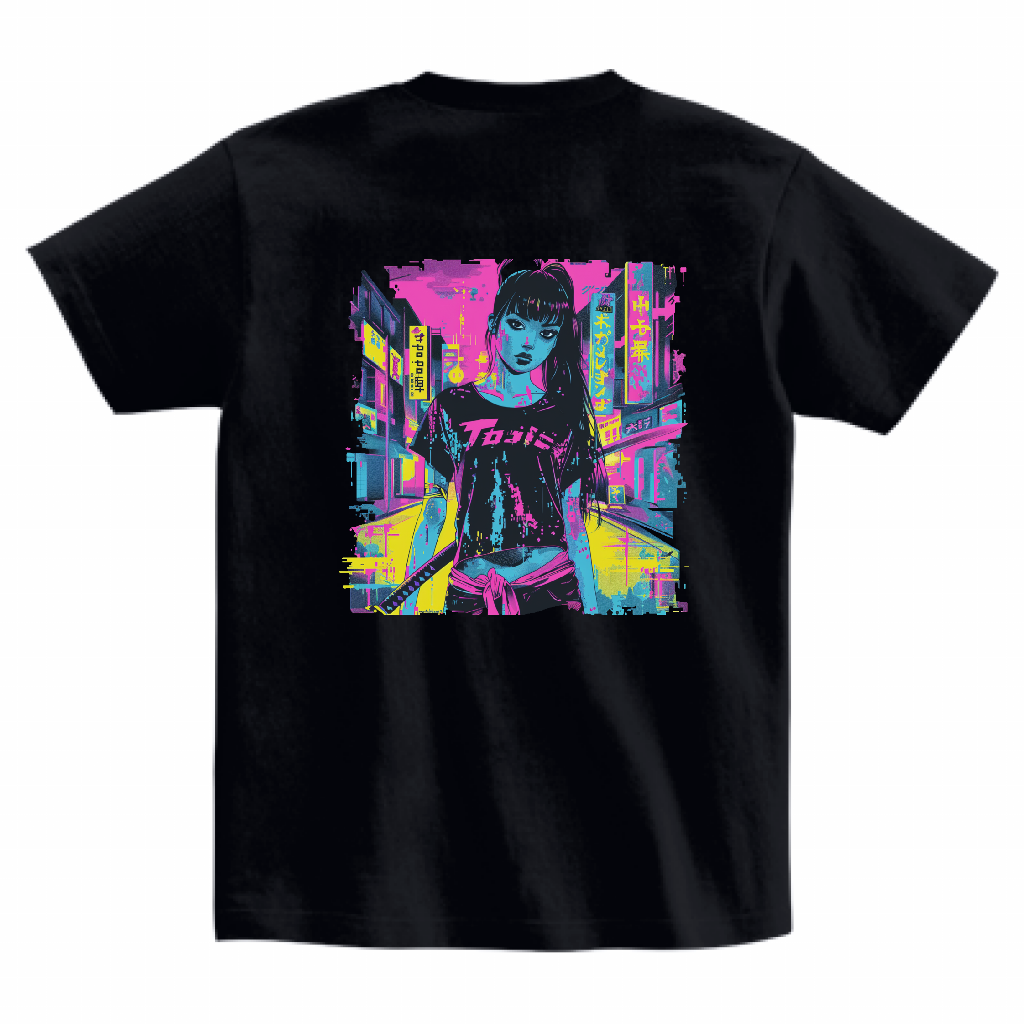 Anime-inspired T-shirt, cosplayer with Katana on neon Tokyo streets